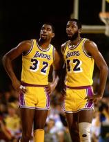 Magic Johnson and James Worthy, 1984