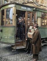 Street car conductor in Seattle not allowing passengers aboard without a mask during Spanish Flu Pandemic in 1918