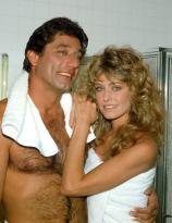 Joe Namath and Farrah Fawcett on the set of a commercial 1981