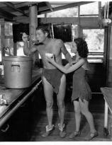 JOHNNY WEISSMULLER and MAUREEN O'SULLIVAN on the set of TARZAN