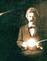 Mark Twain inside the laboratory of Nikola Tesla (1894)